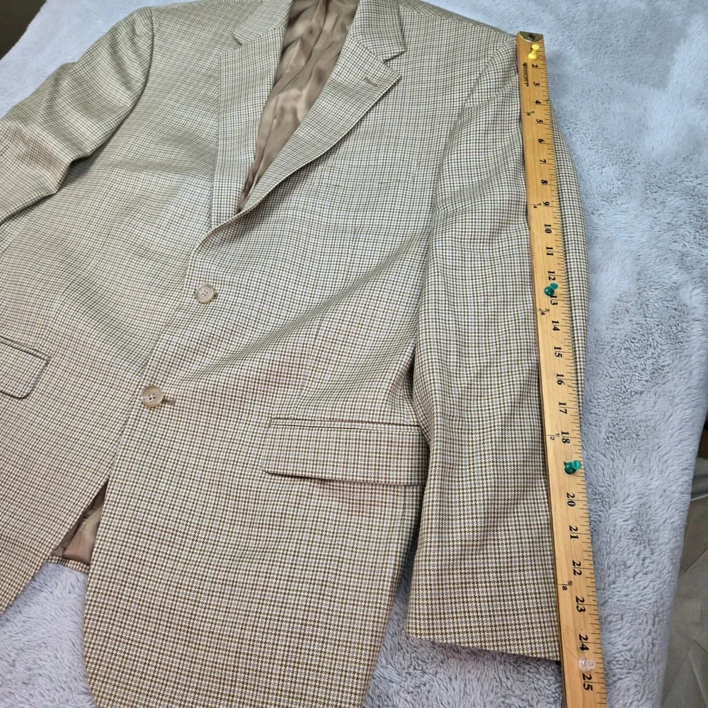Lauren Ralph Lauren Silk Wool Sport Coat Mens 42R Houndstooth Blazer Tan Brown
